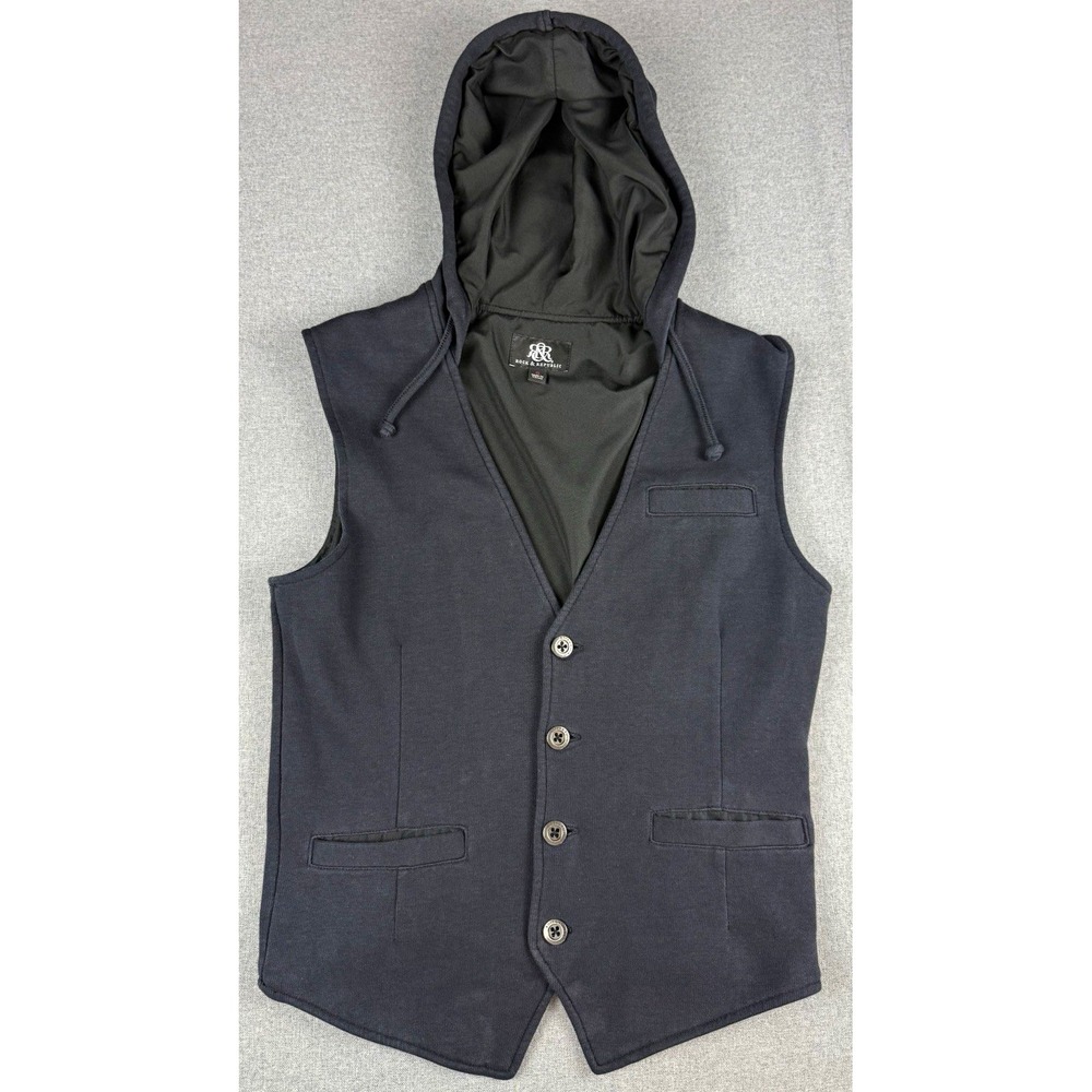 Rock & Republic Hooded Vest Mens S Black Button Front Knit Lined